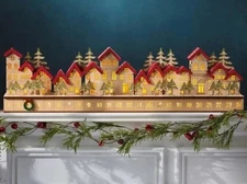 Holiday Wooden Village LED Advent Calendar, 30"x4"x8" New