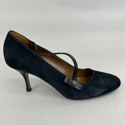Hobbs Navy Blue Suede Cross Strap Court Heeled Party Pumps Bow Shoes EU41 UK7,5