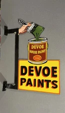 VINTAGE SCARCE 32” DEVOE DOUBLE SIDED FLANGED PORCELAIN SIGN CAR GAS OIL