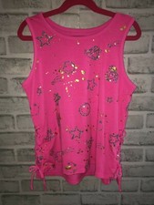 JUSTICE GIRLS SIZE 12 PINK TANK TOP LACED SIDES SPARKLY EMOJI PAINT SPLATTER STA
