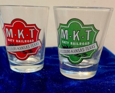 2 M-K-T Railroad Shot Glass  Logos. Katy Line. Green Logo & Red Logo.