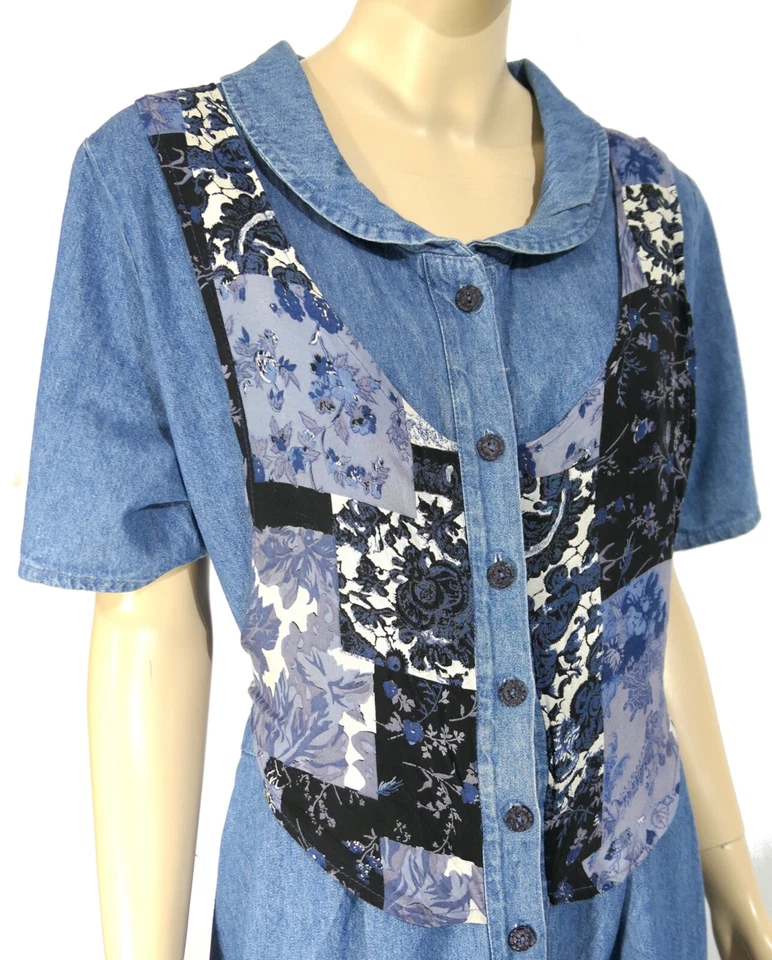 Винтажный 70-х 80-х джинсовой ткани Midi макси рубашка платье пэчворк жилет прерии стиль XL 16 - Изображение 3 из 4