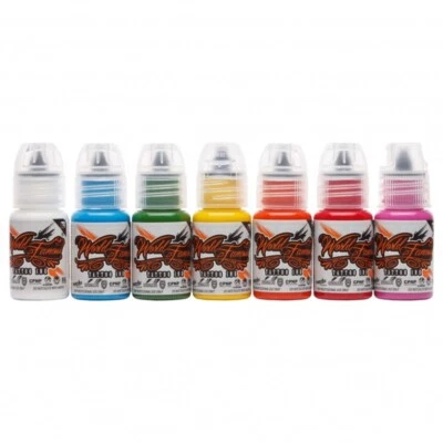 World Famous Tattoo Ink 7 Color Simple Set 1/2oz Red White Orange Blue.. Boxed