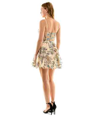 B. Darlin Womens Juniors Embroidered Mini Fit & Flare Dress Beige 3/4