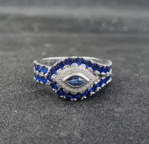 Authentic 1.20Ct Simulated Sapphire & Diamond Evil Eye Wedding Ring 14K White Gold Plated