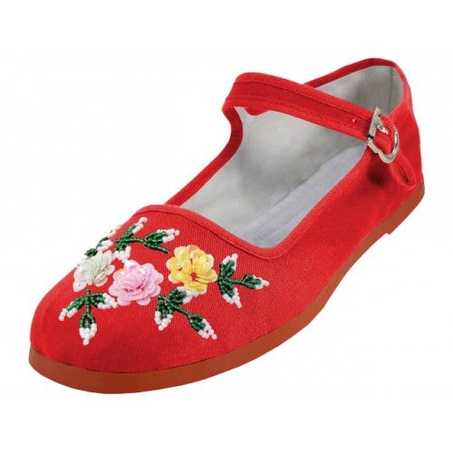 Chinesische Damenschuhe Mary Jane Blumenmuster Pailletten Baumwolle rot & schwarz 5-11 - Bild 4 von 8