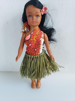 Vintage Hawaiin Girl Soft Plastic Doll Hula Grass Skirt Jointed Arms Polynesian
