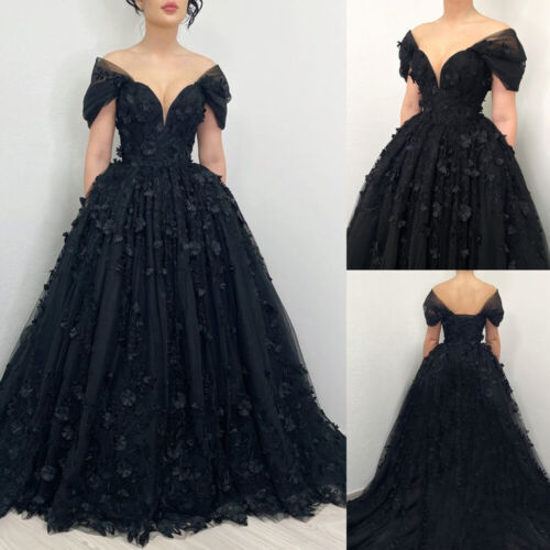 Gothic Black Wedding Dresses Half Sleeves 3D Flower Corset A-line Bridal Gowns - Picture 1 of 8