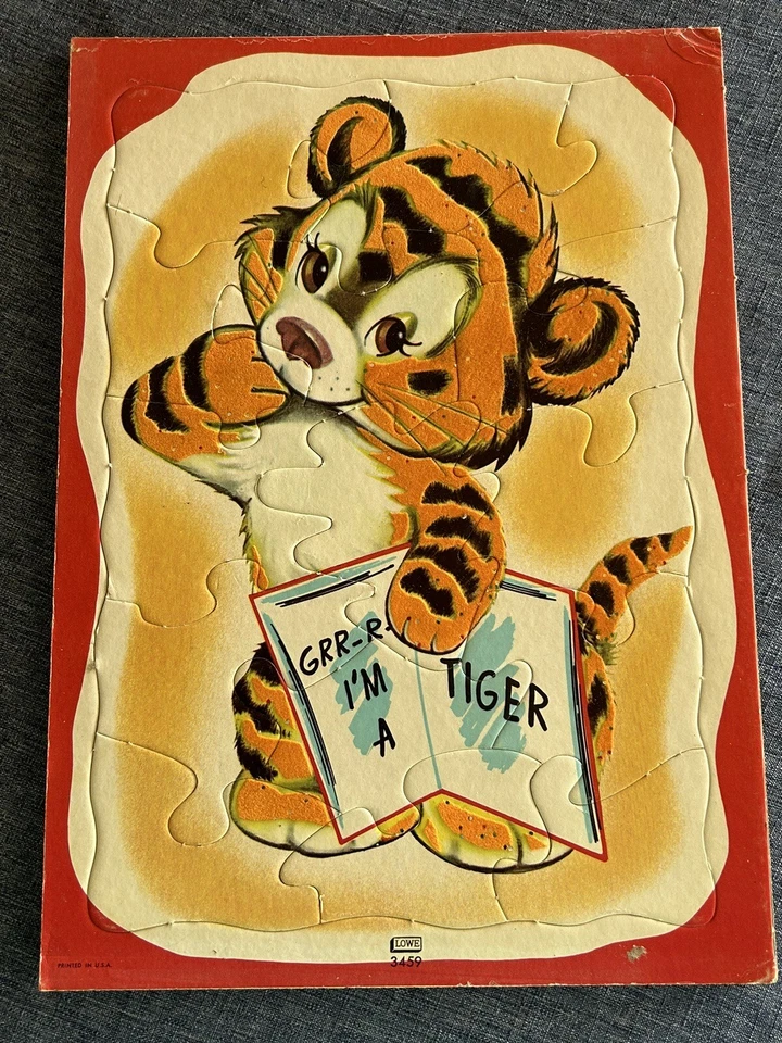 4 rompecabezas vintage de cartón flocado para niños perro, panda, tigre y carrusel Foto 2 de 4