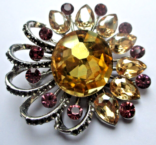Boucles D'oreilles Pendantes Clips – Argenté, Cristaux Améthyste, Bijou Vintage, état Impeccable