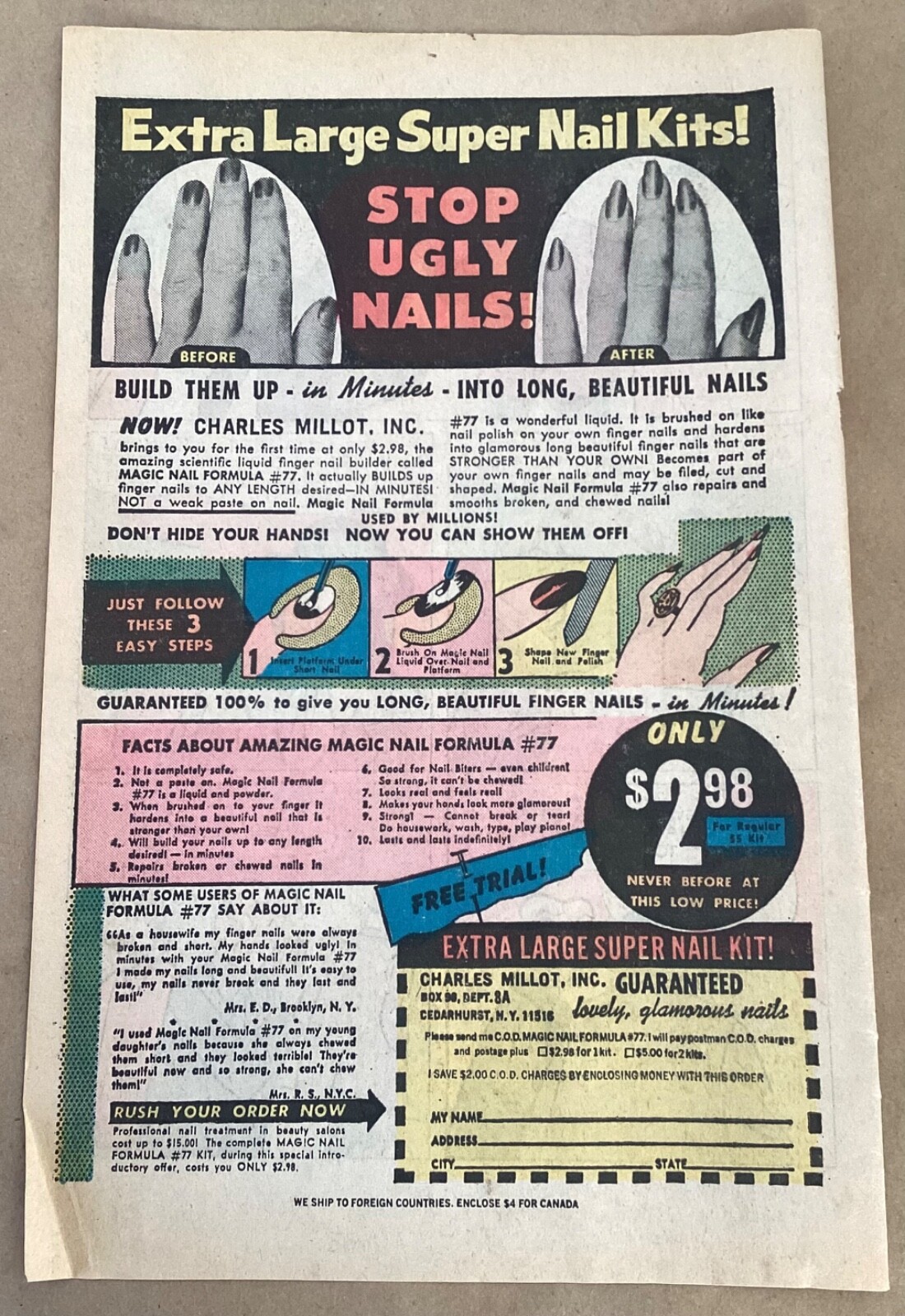 Charles Millot 1975 print ad comic art promo 70s illus retro mail order nail kit