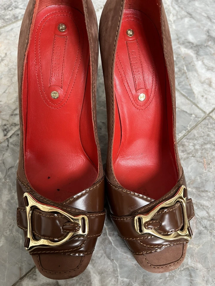 CELINE Brown Suede Pumps with gold Buckle ITALY - Image 3 of 4