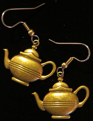 Tea Pot Kettle Earring Vintage Brass Stripe Tea Pots Tea Time Tea for 2 Herbal