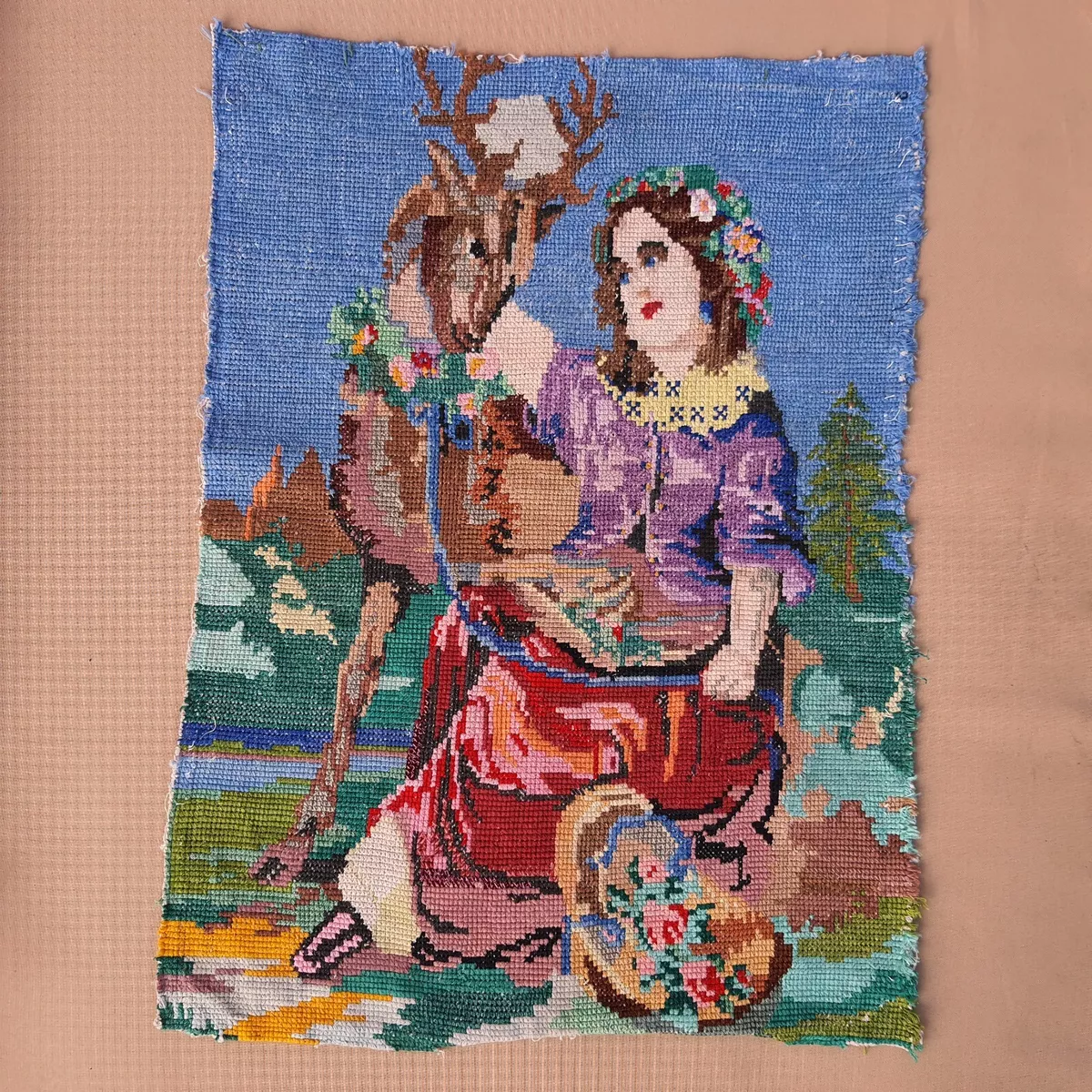 Vintage embroidered paintings Ukrainian handmade tapestry Cross