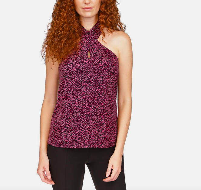 Top camicia Michael Kors donna viola animalier r Halter TAGLIA S NUOVA $88 MR350SL7RP