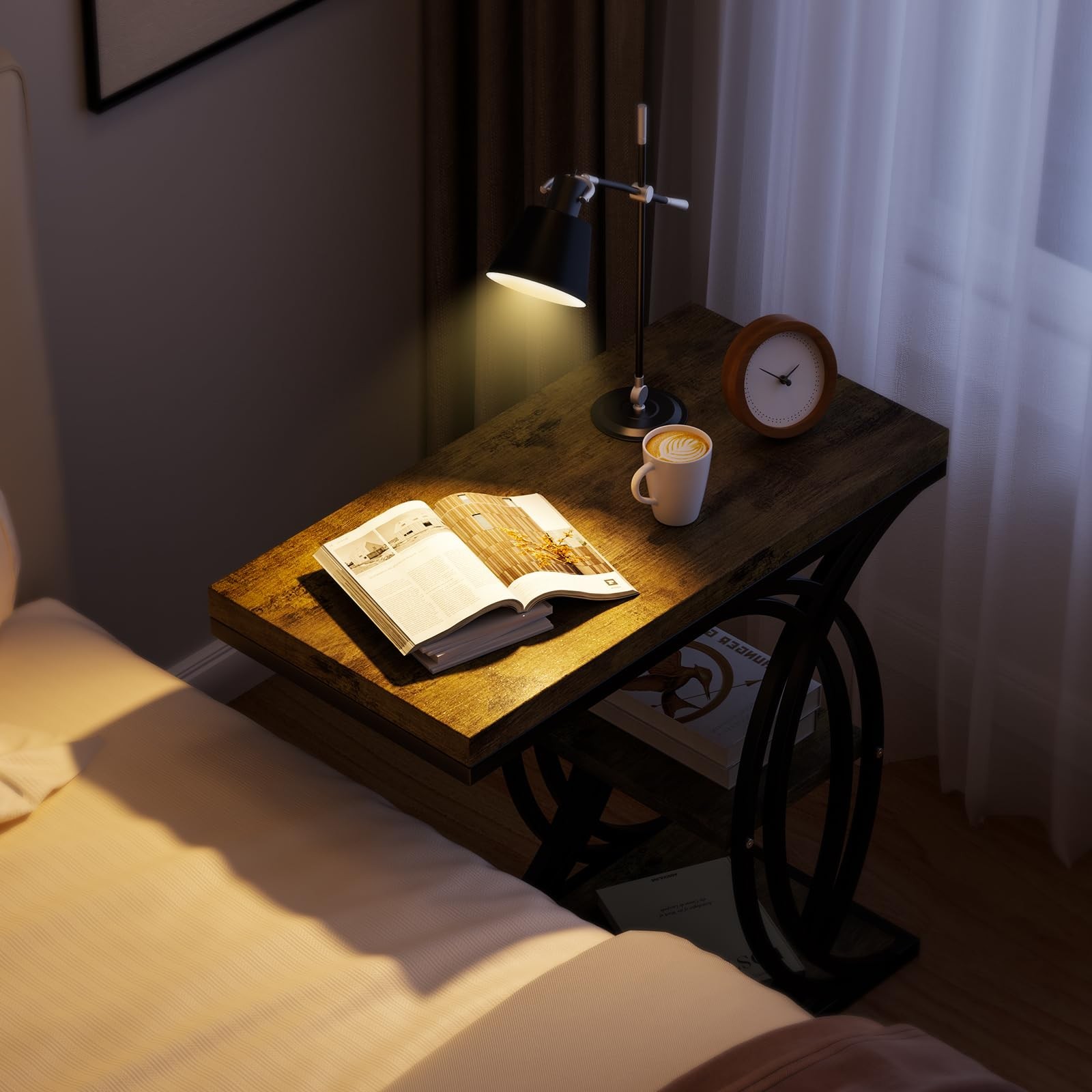 Shaped End Table, Bed Side Table, 3-Tier Side Table with Metal Frame, Wood En...