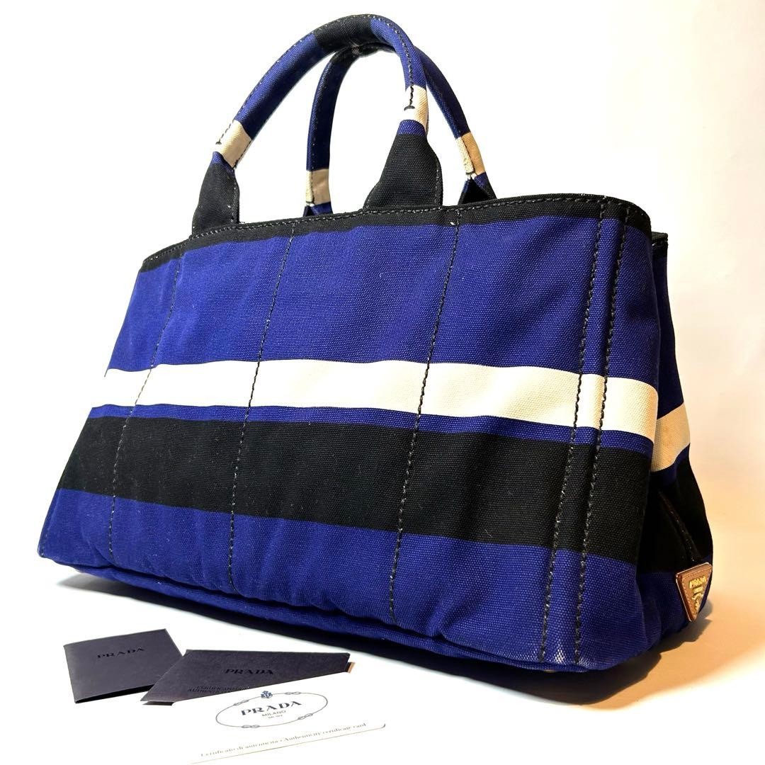 PRADA Canapa Cobalt Tricolor Canvas Tote Bag Unisex Authentic Large Capacity