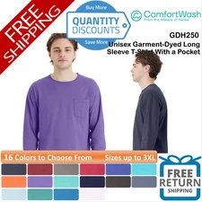 🔥 ComfortWash by Hanes Garment-Dyed Long Sleeve T-Shirt Pocket Up To 3XL GDH250