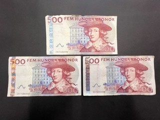 Juego de billetes vintage Suecia 500 coronas (3) LOTE: 0111 019