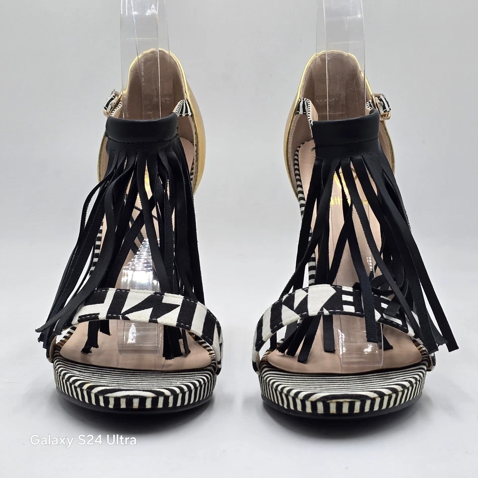 Athena 高跟鞋细高跟鞋 Melisa-1 金色踝带流苏凉鞋女式 9 码 — 第 4/4 张图片