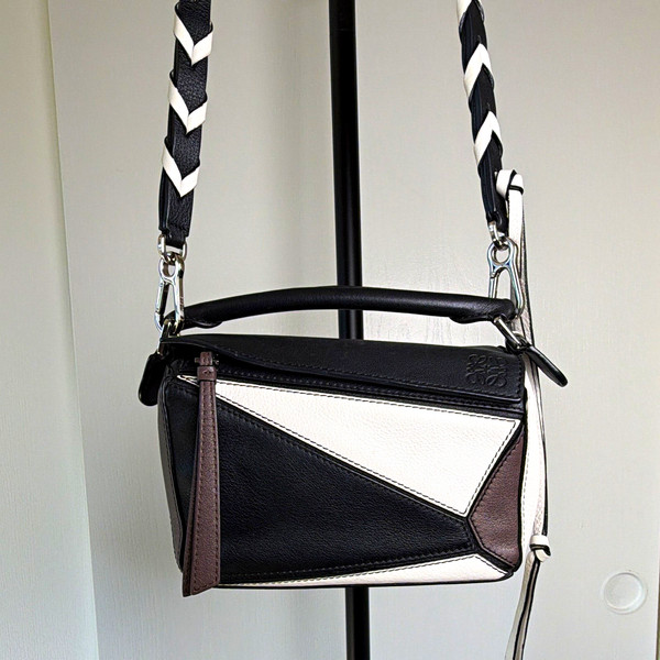 Loewe Small Colorblock Crossbody Bag Black/White/Brown Zip Silver Hardware