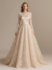 A-Line Scoop Neck Formal Evening Dress Long Sleeve Sequin Sparkle Wedding Party