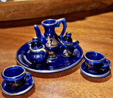 Miniature Tea Set Cobalt Blue Ceramic -Tiny 8 pc Hand Painted