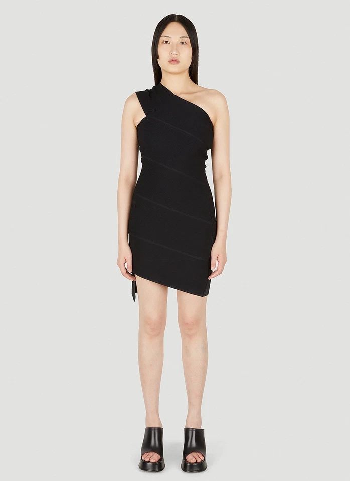 Vestido BOTTEGA VENETA UK M Negro Plano Acanalado Espiral Mini Vestido Un Hombro Foto 4 de 4