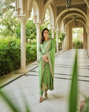 Attractive Look Faux Georgette Lime green Kurti Palazzo With Dupatta For Party