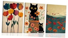 3pcs framed Black Cat Canvas Wall Art Vintage Floral Prints Wall 16x24 black