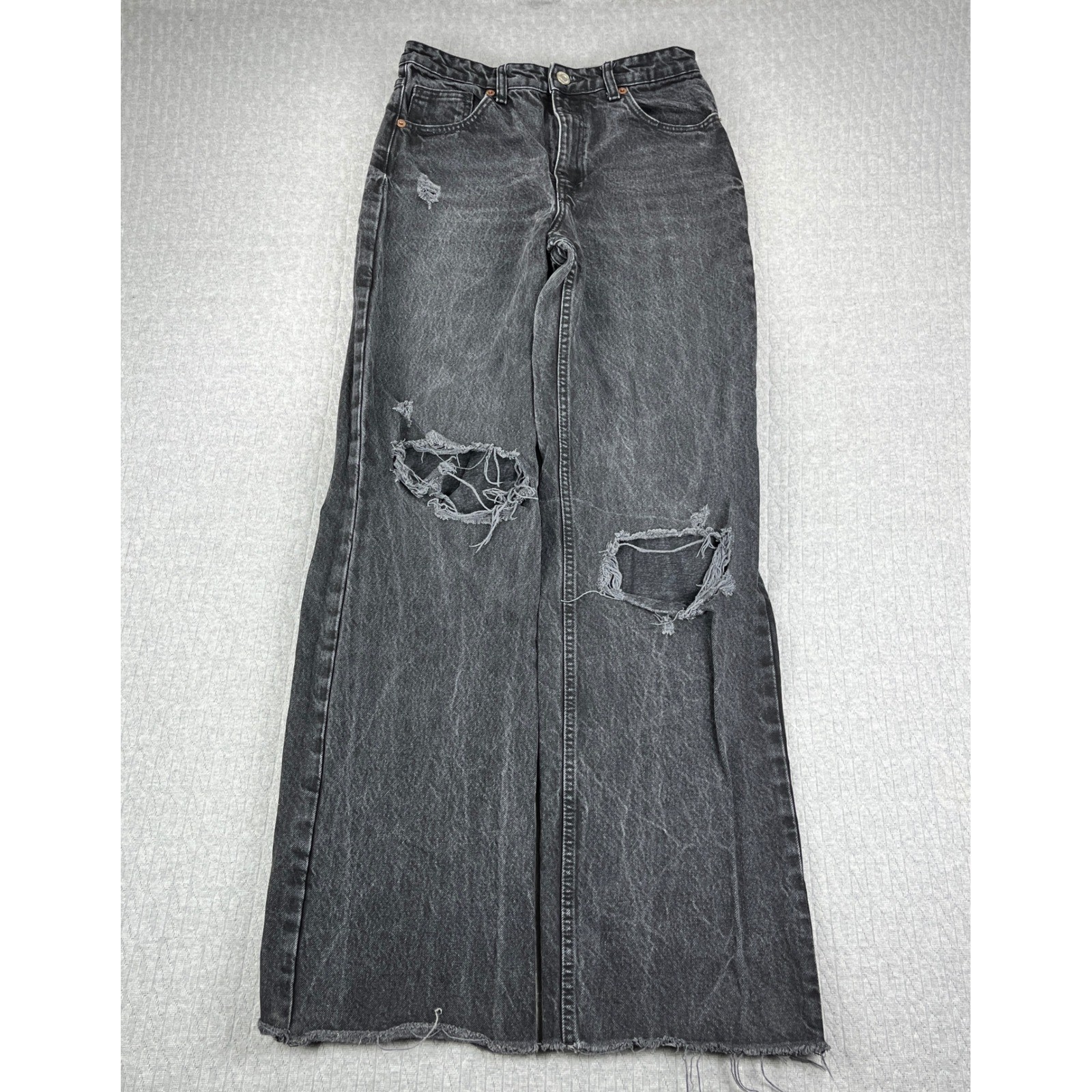 ZARA Wide Leg Jeans Women Size 8/27X33 Black Distressed High Rise Raw Hem Denim
