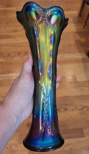 Antique 11” Imperial Beaded Bullseye vase, electric Amethyst carnival glass