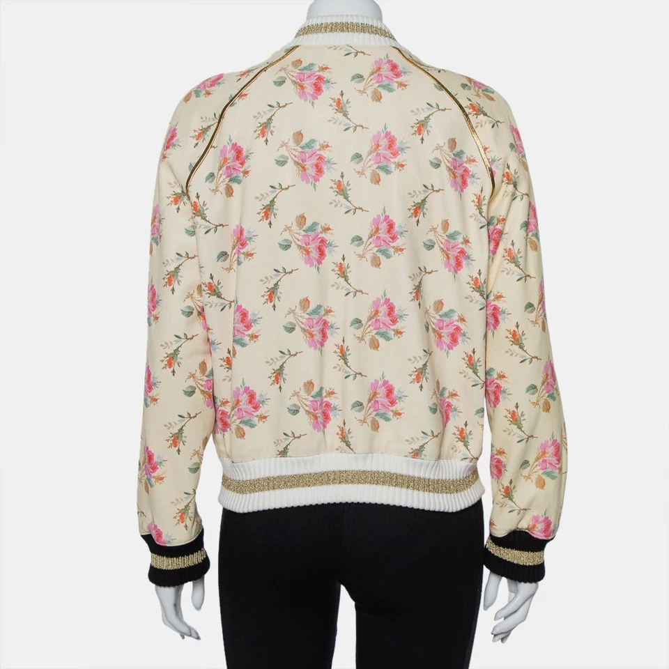 Chaqueta Bomber Gucci Crema Estampado Floral Cuero Detalle Borde en Contraste L Foto 3 de 4