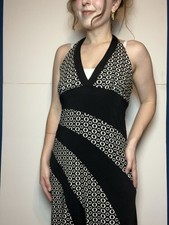 Y2K Mod Halter Dress Black White Geometric Print La Belle Stretch Midi