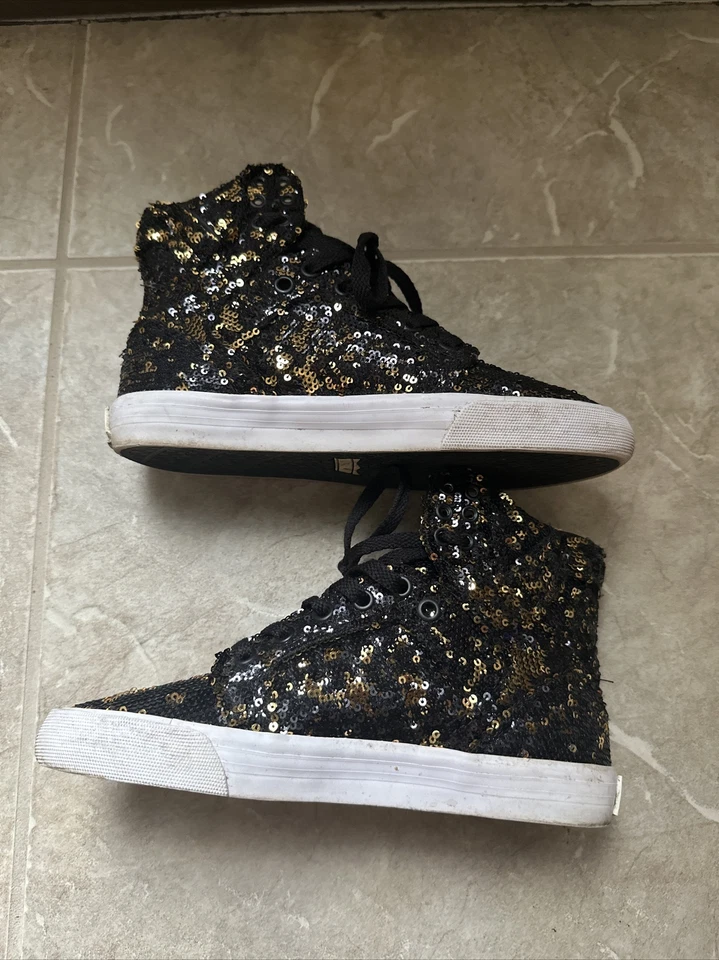 Sapatos femininos SUPRA Skytop metálico preto metálico dourado lantejoulas tamanho 6 - Imagem 2 de 4