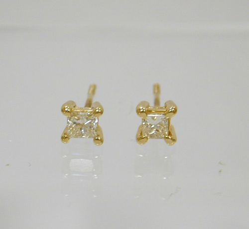 Estate .36 CT 14K Solid Yellow Gold Princess Cut Natural Diamond Stud Earrings - Picture 2 of 7