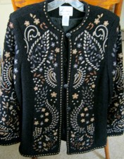 Vintage Louis Dell' Olio Earth Tone Embroidery Black Linea Sweater Jacket Sz Xs