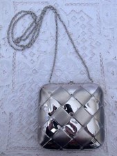Vintage Metal Evening Bag Purse Silver Woven Effect Long Chain Handle Rhinestone