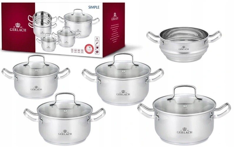 GERLACH SIMPLE SET OF POTS 9 PCS COOKWARE STEWPOTS STEWPOT GLASS LIDS LID POT