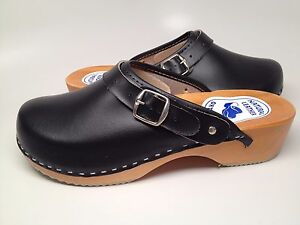 Womens Wooden Black Leather Clogs Shoes 