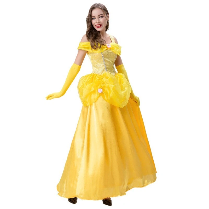 La Bella y la Bestia Bella Adulto Volantes Hombro Descubierto Vestido Disfraz Disney Amarillo Foto 3 de 4