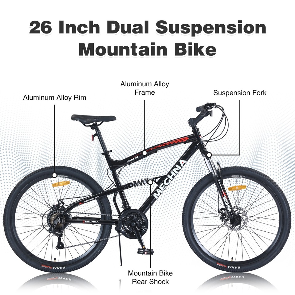 MEGHNA Mountain Bike 26 Inch Bike Full Suspension Aluminium Frame Dual Disc  Brake Student Bicycle 21 Speed MTB For Teen Women Men
