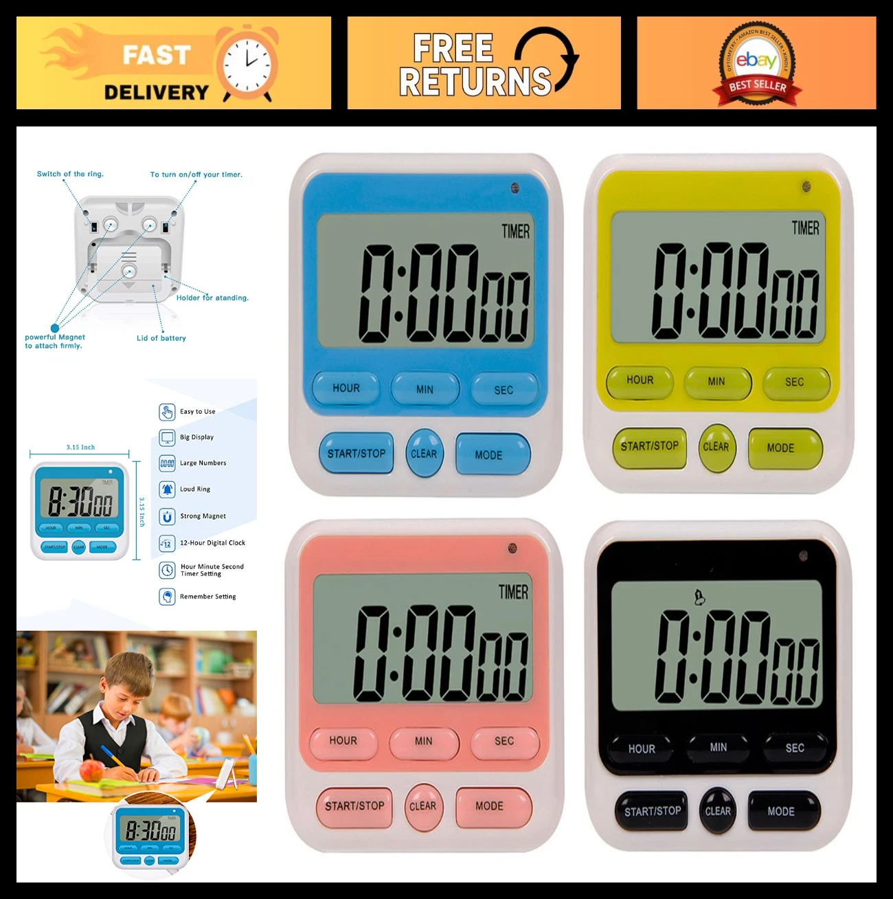 Digital Kitchen Timer 4 Pack - Loud Alarm, Big Digits, Magnetic Stand, Count Up/