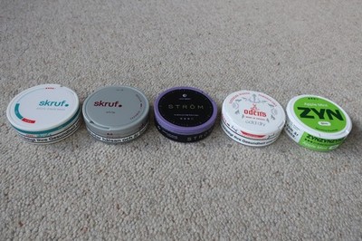 5 leere Dosen Apple Mint ZYN Slim Oden's Cold Dry Skruf White Ström Juicy Berry