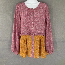 LOGO LORI GOLDSTEIN Tunic Top Sz M Peasant Button Up Ditsy Floral Cottagecore