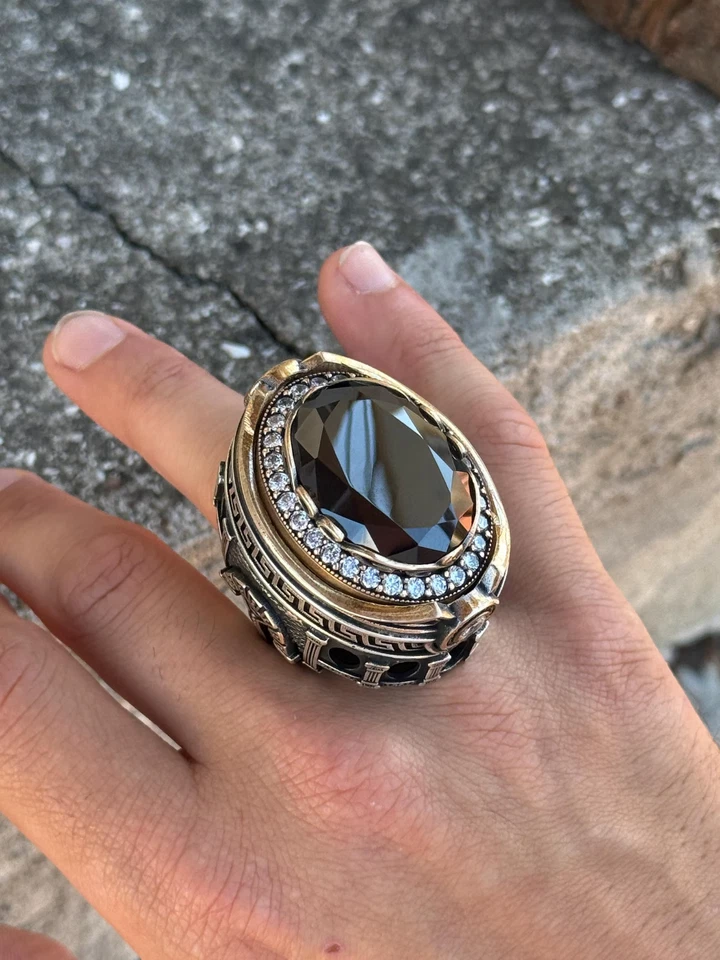 Anel grande de prata esterlina 925 de pedra preta, feito à mão anel de pedra preciosa de zircão preto - Imagem 2 de 4