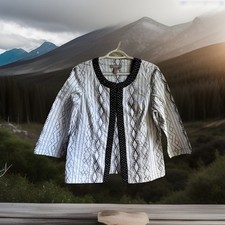 Chico's Womens White  Black Embroidered Open-Front Jacket Size 1 Lightweight