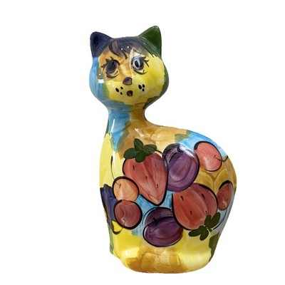 TUROV Art Ceramics Hand Painted 9  Cat Figurine Berries Strawberry Cherry Design
