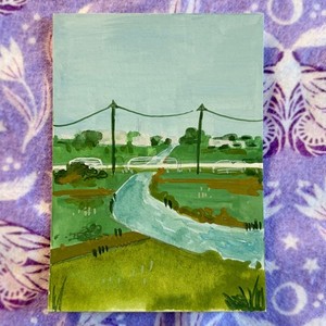 ACEO Original Gouache Japanese Countryside Rural Landscape Country Road 3.5x2.5"