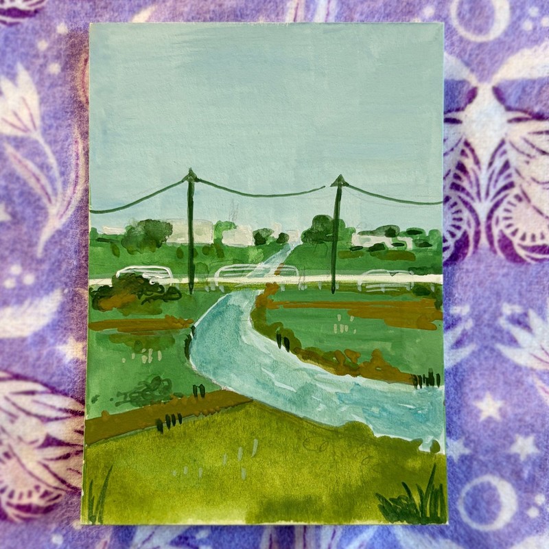ACEO Original Gouache Japanese Countryside Rural Landscape Country Road 3.5x2.5"